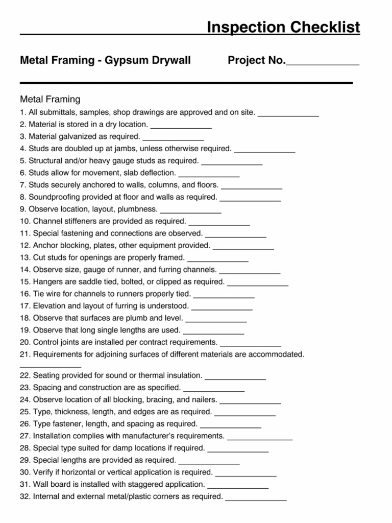 Inspection Checklist Metal Framing Gypsum Drywall | PDF