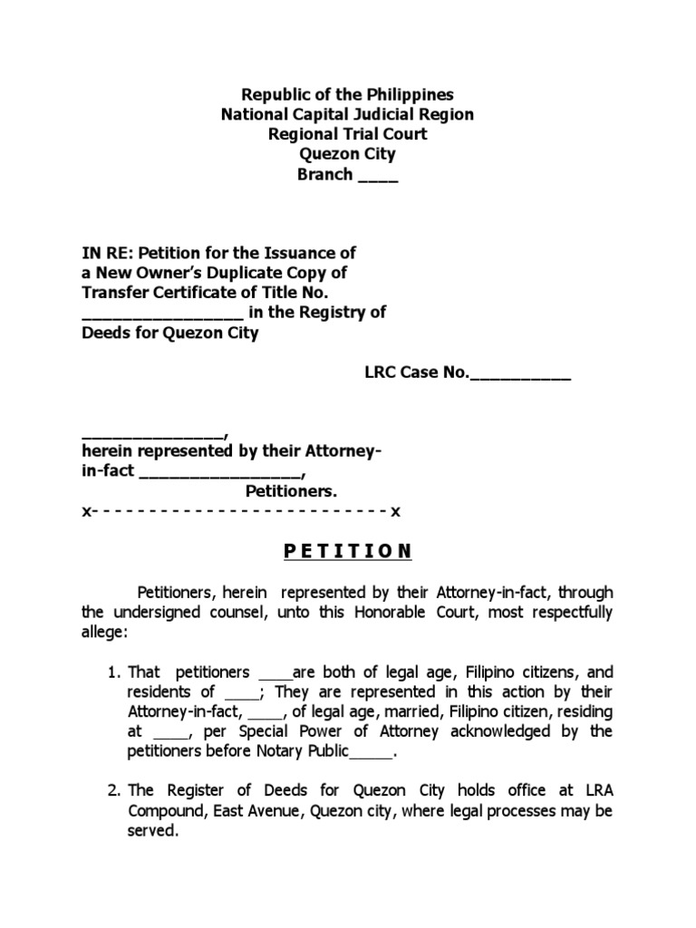 Sample Petition for Issuance of Lost Tct Od | Deed | Private Law
