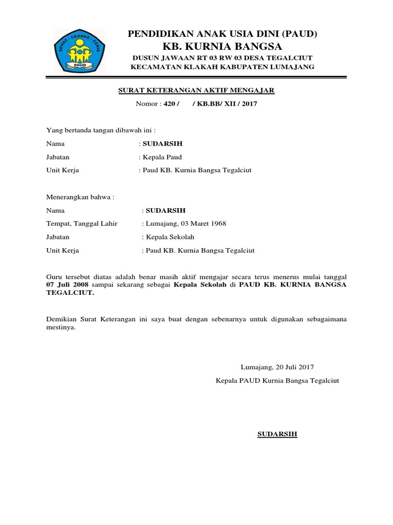 Surat Keterangan Mengajar Terus Menerus - Kumpulan Contoh Surat