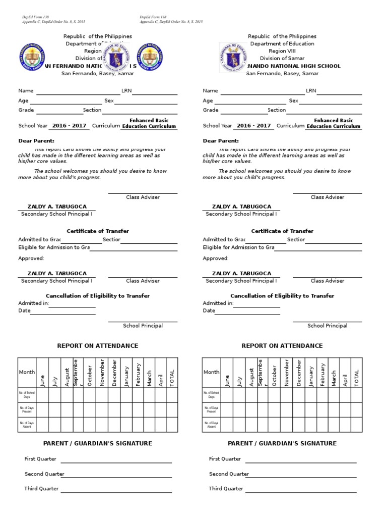 Sfnhs Form 138 & 137 No Link | Physical Education | Curriculum