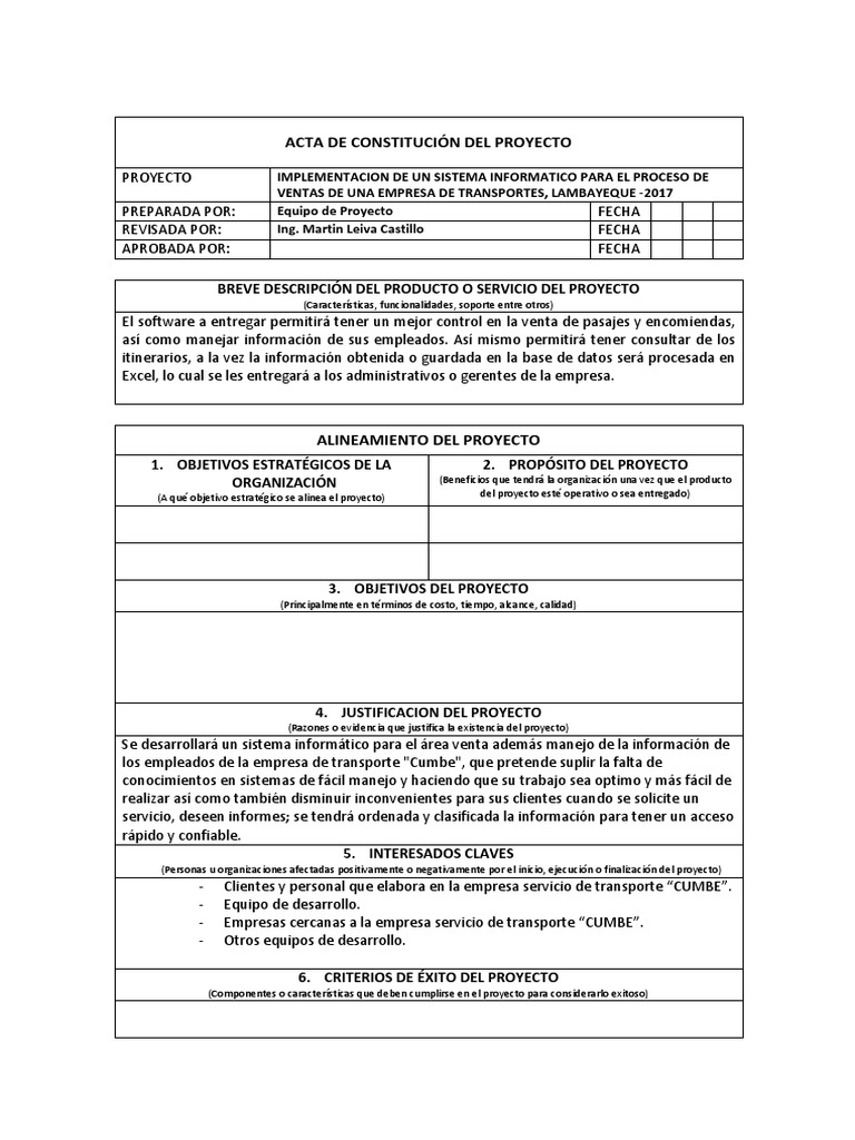 Acta de Constitución del Proyecto de Software | PDF | Software ...
