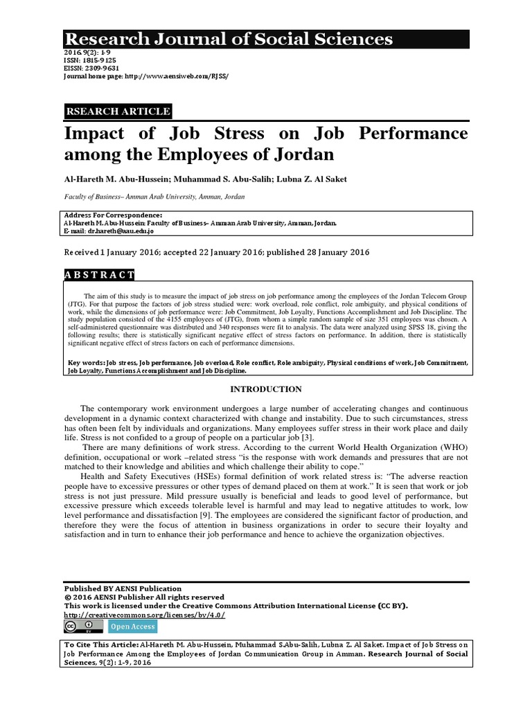 Impact of Job Stress On Job Performance Among The Employees of Jordan ...