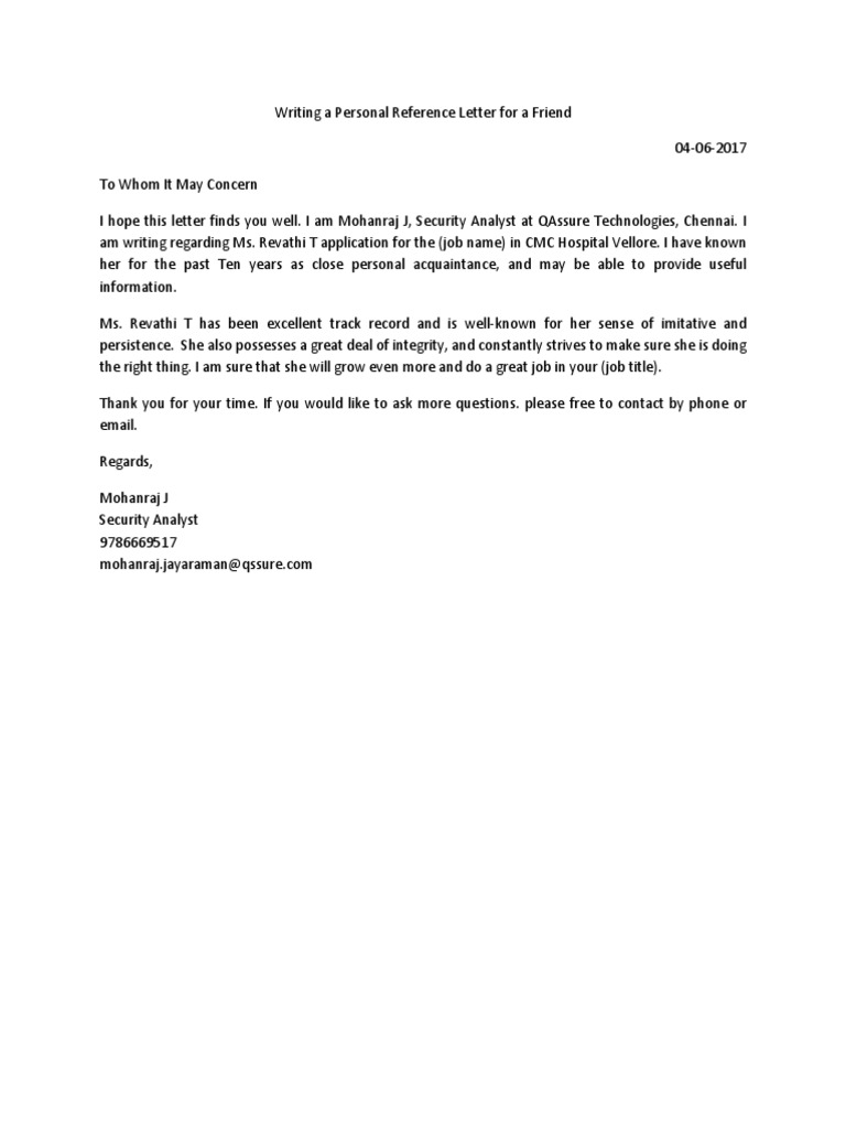 Personal Reference Letter for Revathi T | PDF