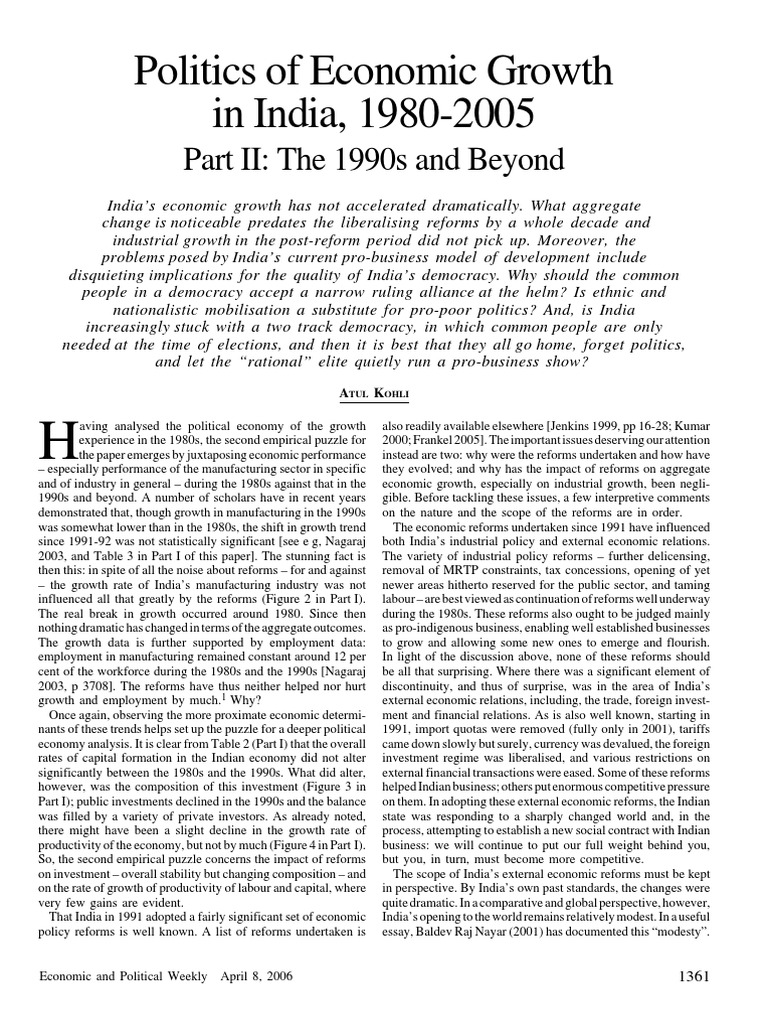 Politics of Economic Growth in India, 1980-2005: Part II: The 1990s and ...