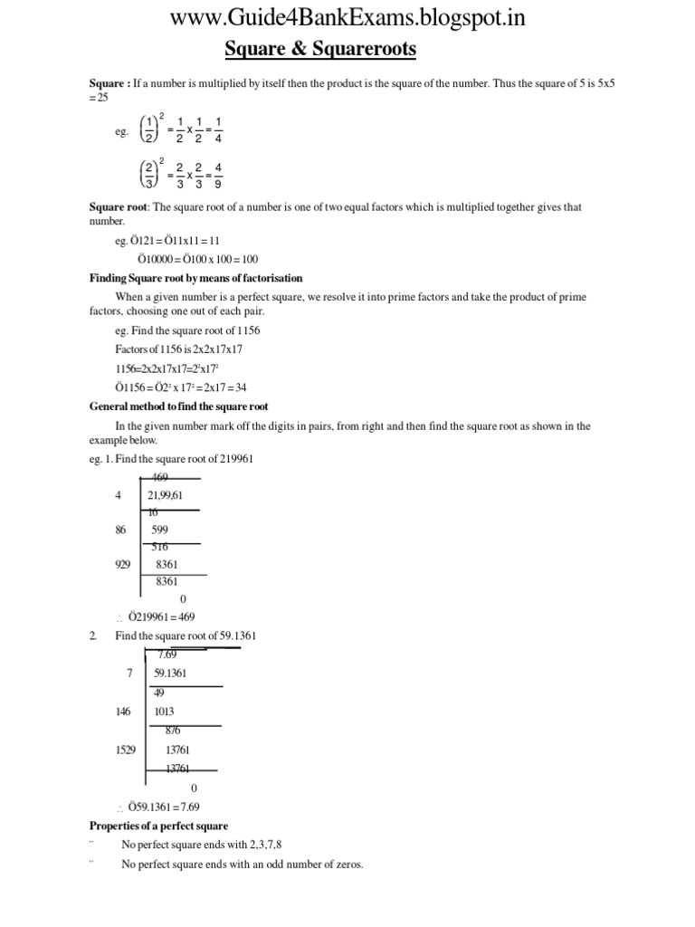 Squares Square Roots and Cube Roots PDF | PDF | Factorization | Square Root