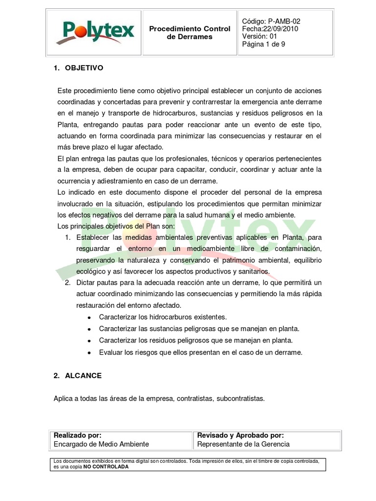 Procedimiento para Control de Derrames | PDF | Residuos | Contaminación