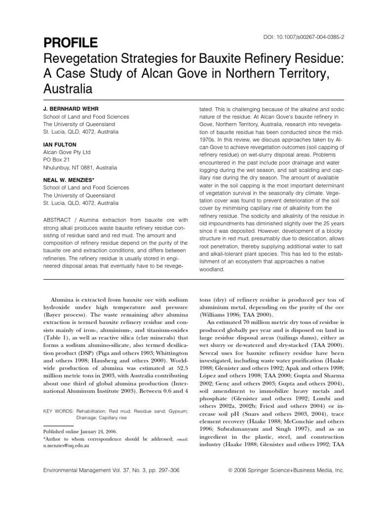 Revegetation Strategies For Bauxite Refinery Residue A Case Study of Alcan Gove in Northern