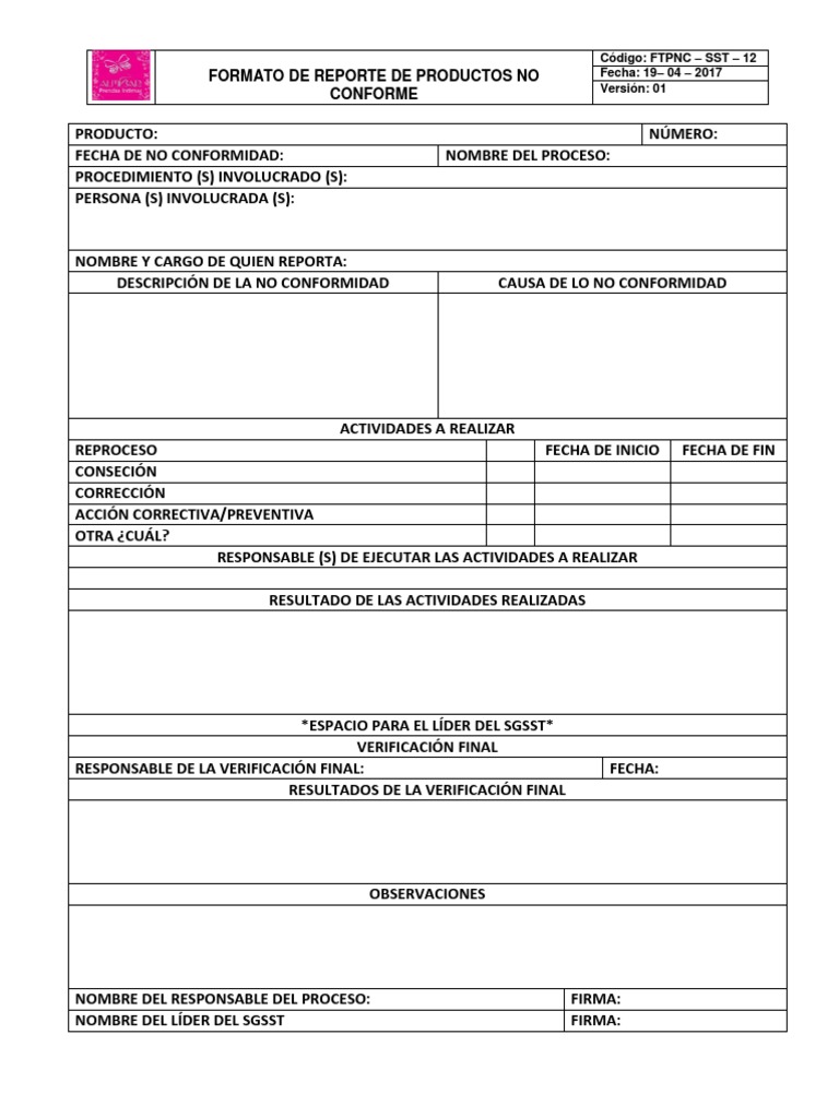 Formato Producto No Conforme | Informática y tecnología de la ...