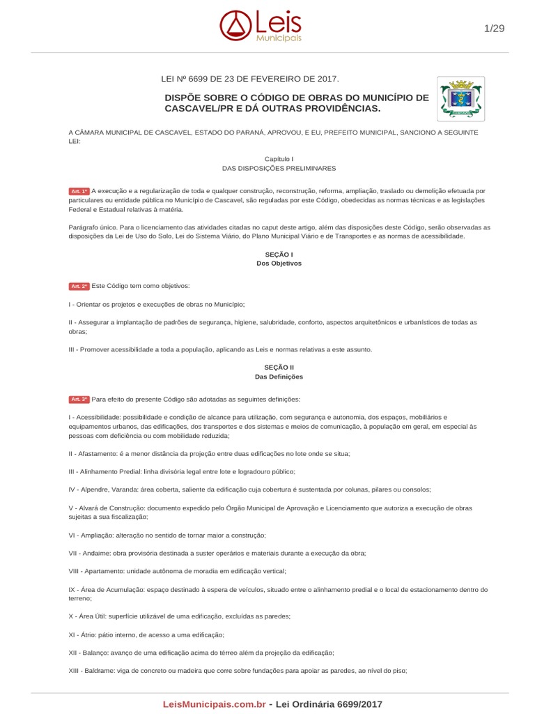 CÓDIGO de OBRAS Lei Ordinaria 6699 2017 Cascavel PR | PDF | Lei ...