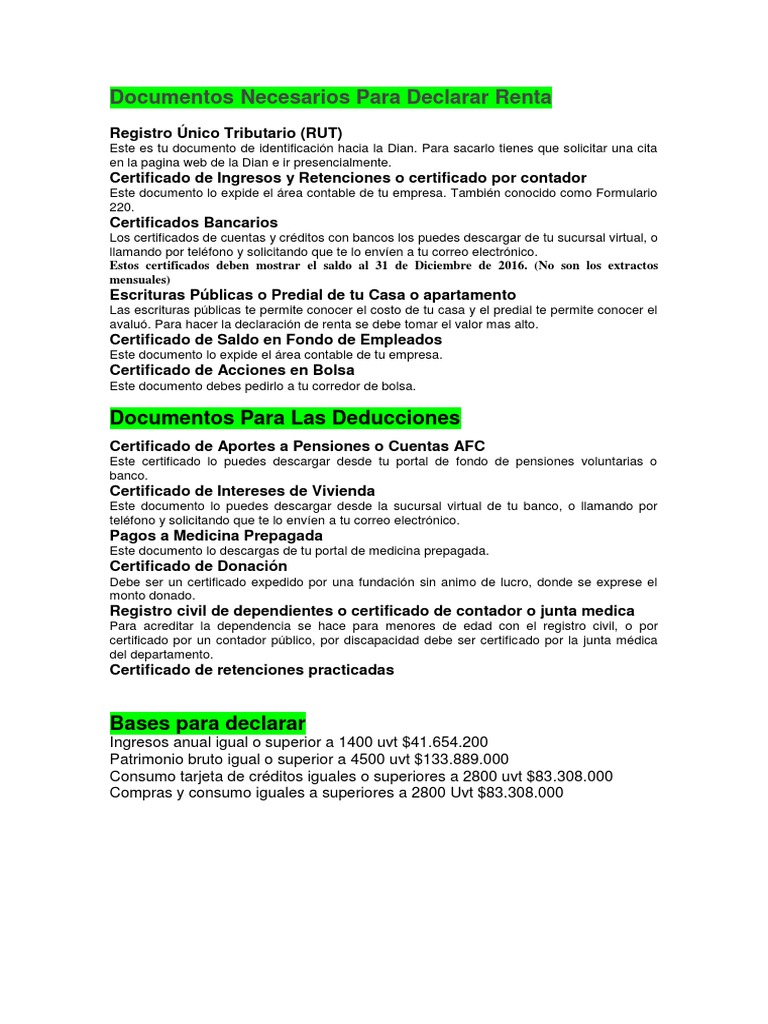 Documentos Necesarios para Declarar Renta | PDF | Contador | Bancos