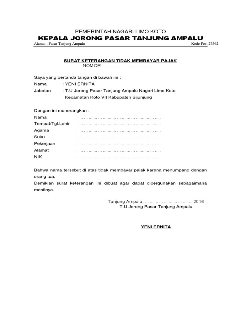 Surat Keterangan Tidak Membayar Pajak