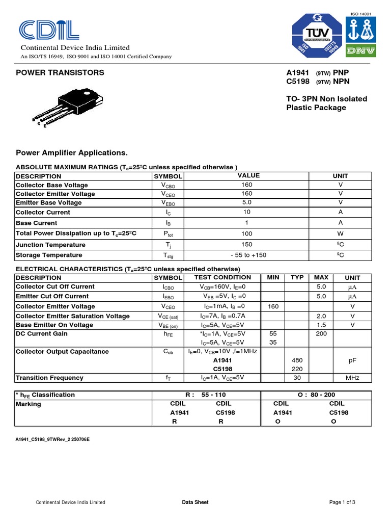 Datasheet A1941 Y C5198 | Bipolar Junction Transistor | Electrical ...