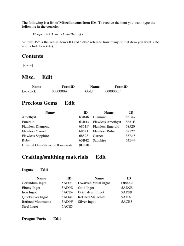 Skyrim Miscellaneous Item IDs PDF Gemstone Minerals