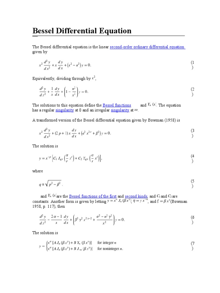 Bessel Differential Equation PDF Mathematical Relations