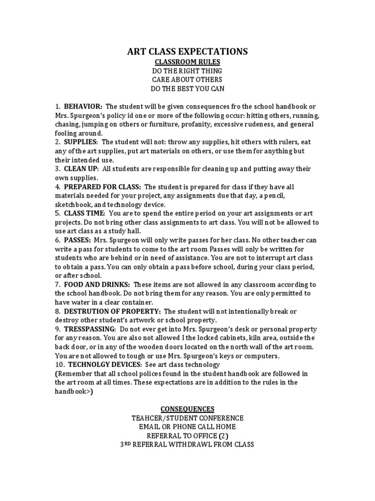 Art Class Expectations PDF Classroom