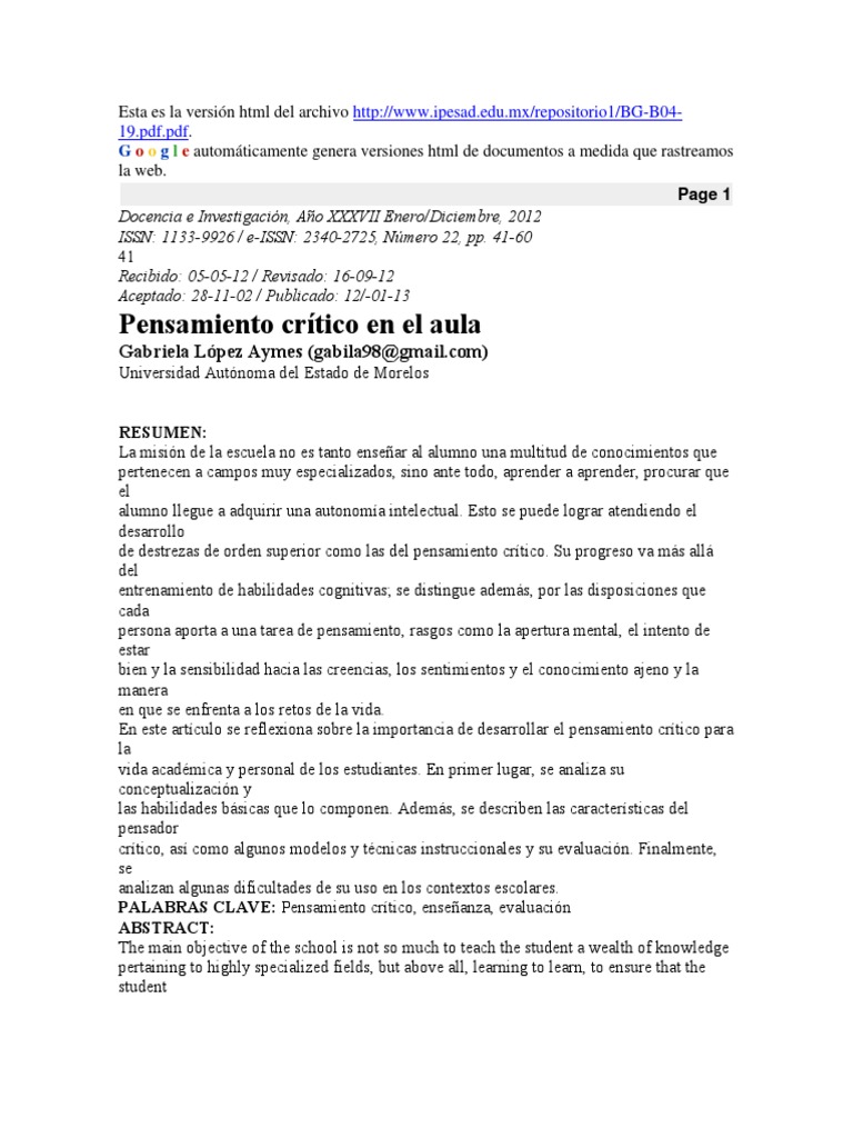 Desarrollo del Pensamiento Crítico en Aula | PDF | Pensamiento crítico ...