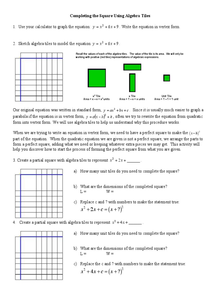 Complete The Square Worksheet Elementary Mathematics Mathematical Objects