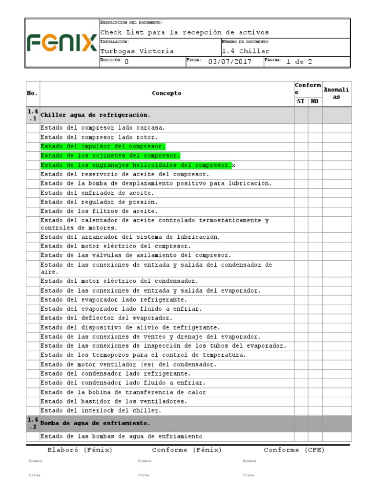 Check List Mantenimiento Chiller | PDF | Compresor de gas | Bomba