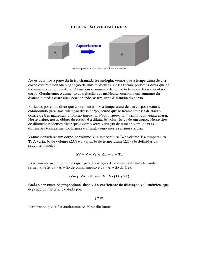 Dilatação volumétrica de um corpo devido ao aumento de temperatura ...