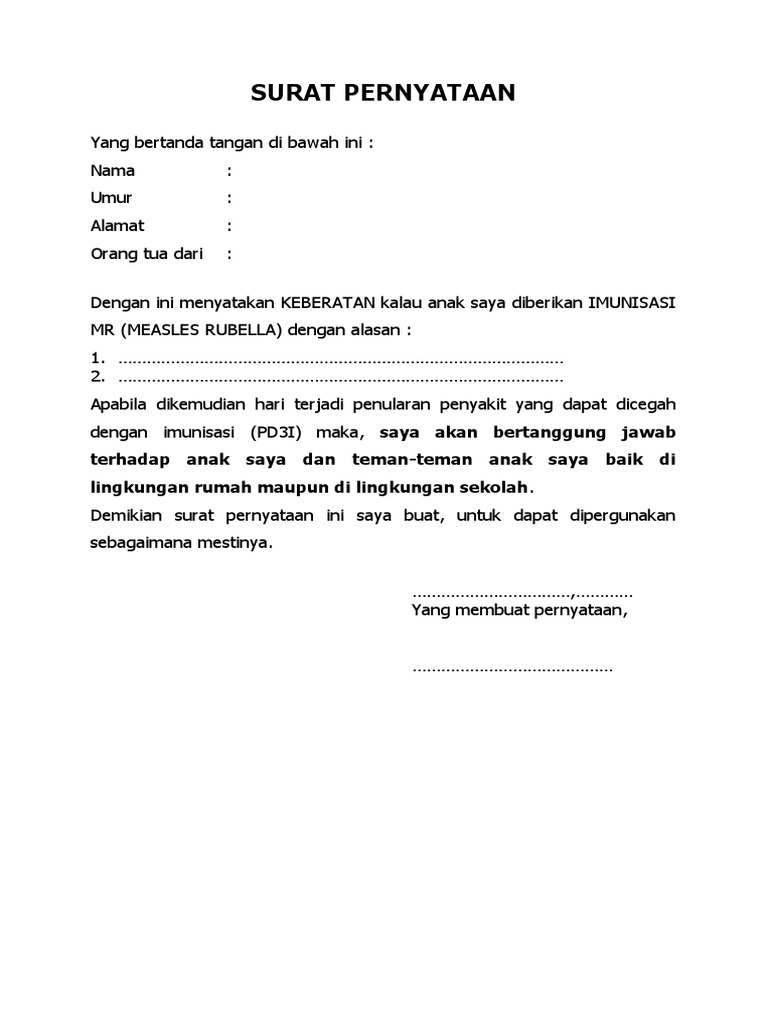 Contoh Surat Pernyataan Penolakan Imunisasi Pdf