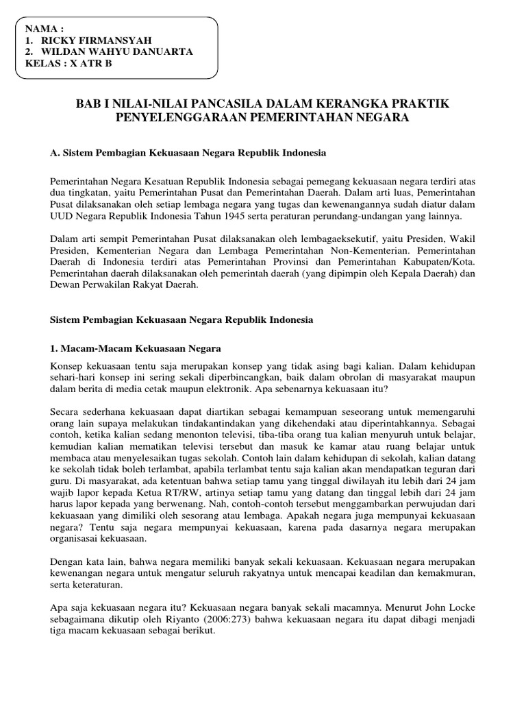 Bab I Nilai Nilai Pancasila Dalam Kerangka Praktik Penyelenggaraan Pemerintahan Negara Docx