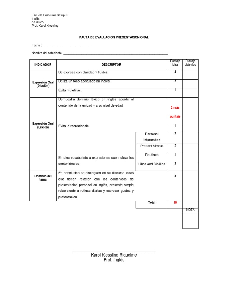 Pauta De Evaluacion Presentacion Oral 5 Ingles Linguistica Ciencia Cognitiva