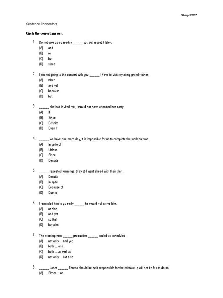 Sentence Connectors | PDF | Leisure