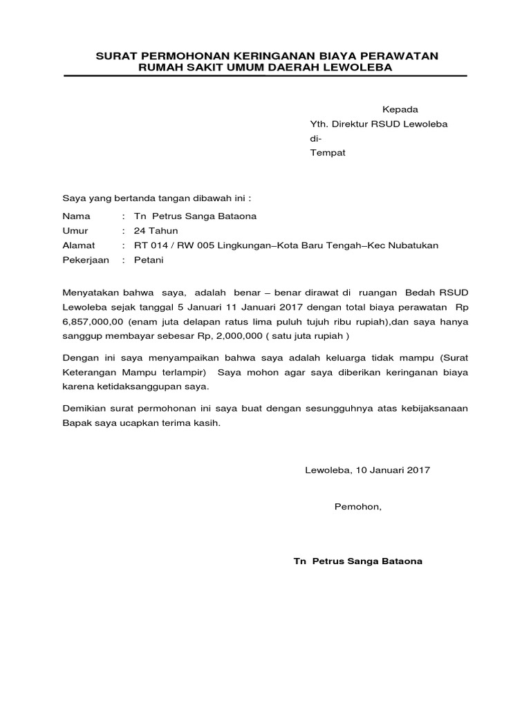 Terkini Surat Permohonan Keringanan Biaya Rumah Sakit