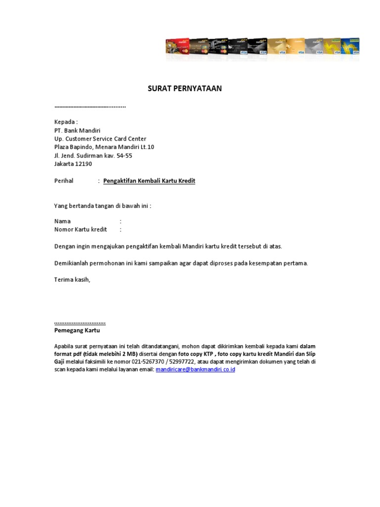 Surat Pernyataan Pengaktifan Kembali Kartu Kredit Pdf
