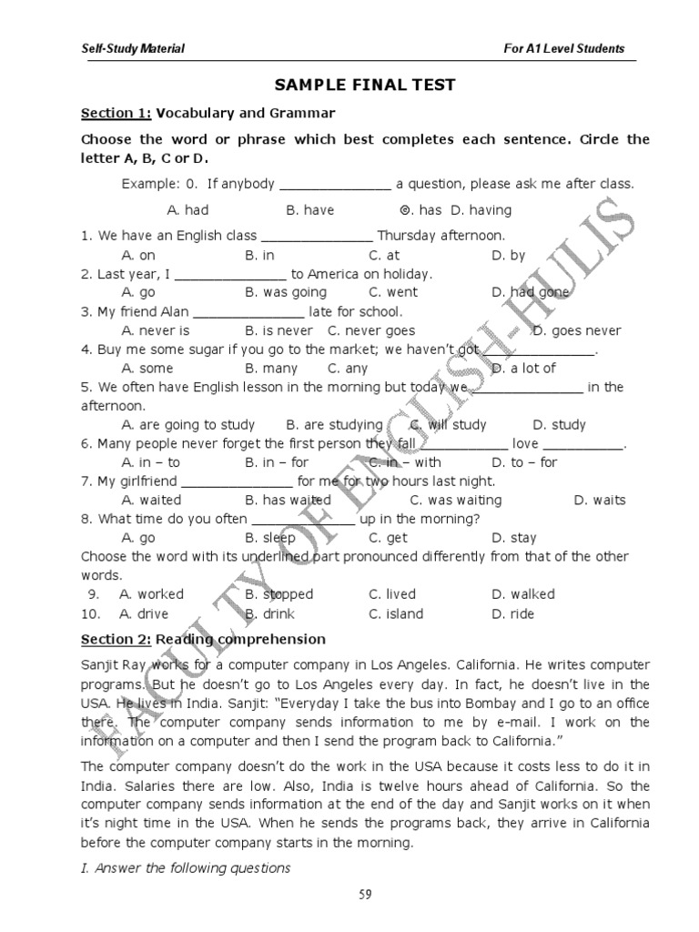 Sample Final Test A1 English Language