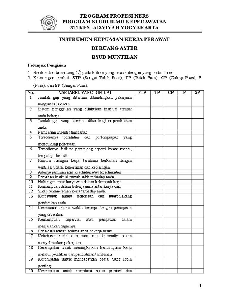 Contoh Instrumen Kepuasan Kerja Perawat | PDF