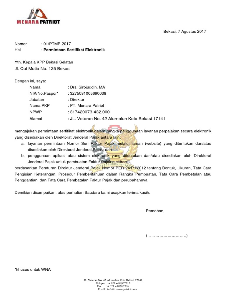 Contoh Surat Permintaan Sertifikat Elektronik Pajak Word