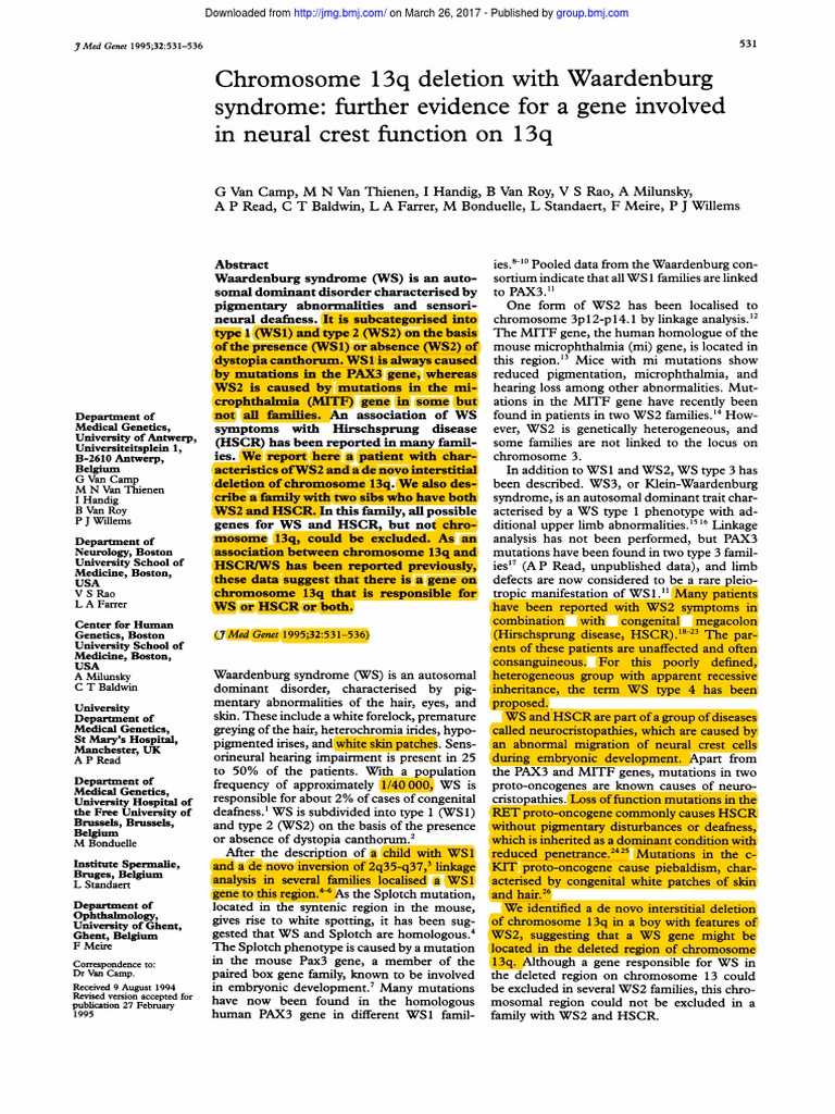Chromosome 13q Deletion With Waardenburg | PDF | Genetic Linkage ...
