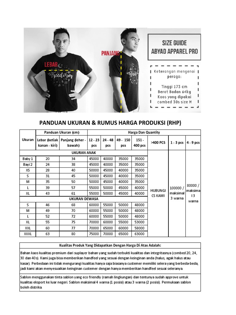Ukuran Dan Daftar Harga Abyad Apparel Pro 1 PDF