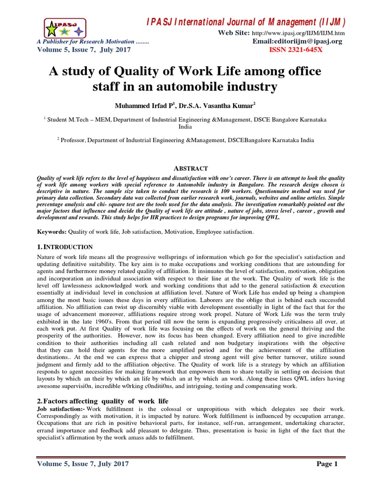 A Study of Quality of Work Life Among Office Staff in An Automobile ...