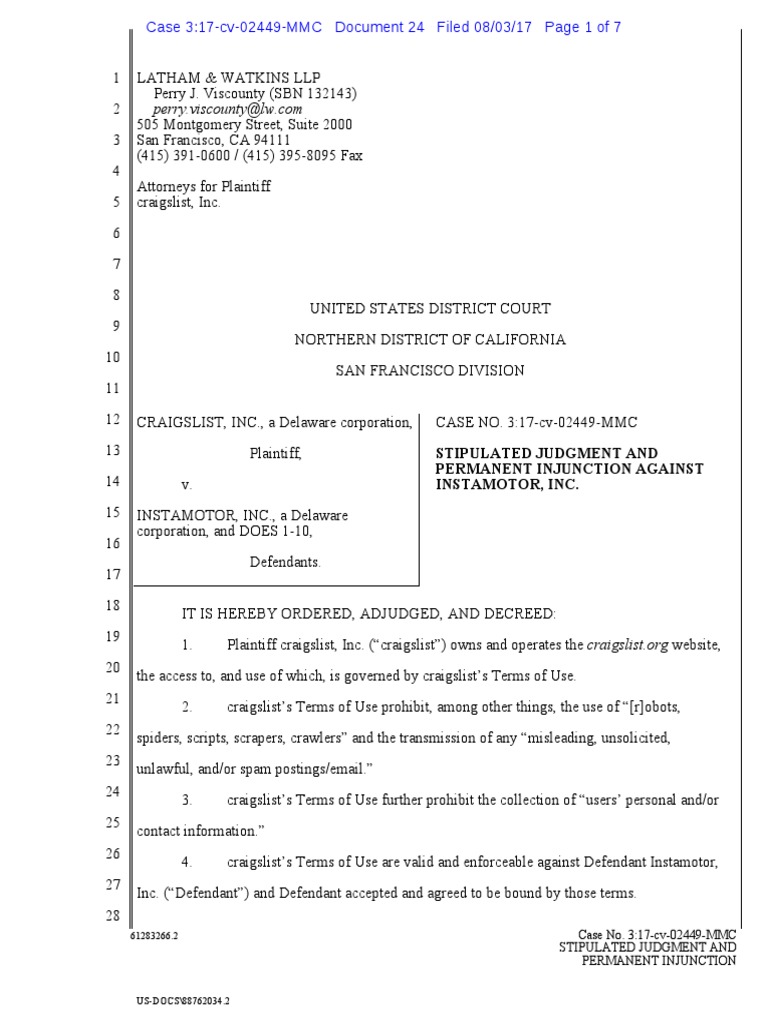 CraigslistVInstamotor Stipulated Judgment Craigslist Email Free