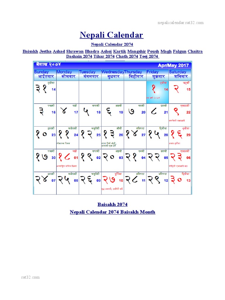 Nepali Calendar 2074 BS PDF PDF Nepal Lunisolar Calendars