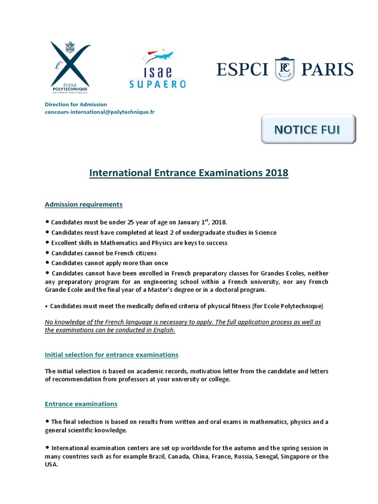 International Entrance Examination Requirements and Process for the