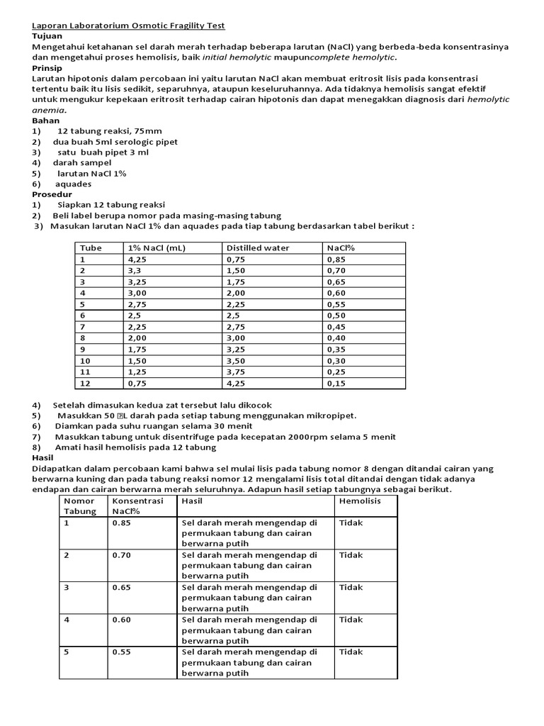 Laporan Laboratorium Osmotic Fragility Test PDF