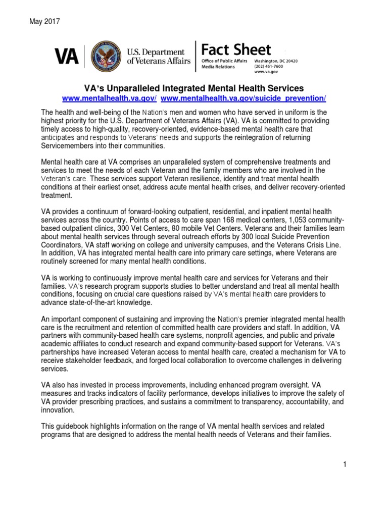 U.S. Department of Veterans Affairs mental health fact sheet Veterans
