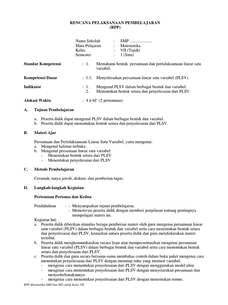 Dokumen Tips Rpp Persamaan Dan Pertidaksamaan Linear Satu Variabel