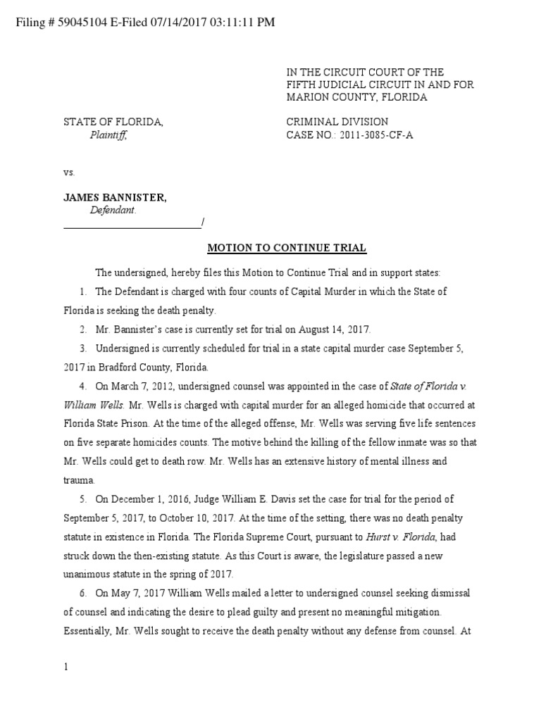 Motion to Continue Trial 1 of 4 Bannister adv State of Florida