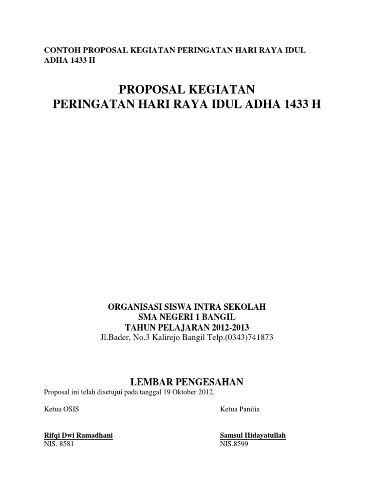 Contoh Proposal Kegiatan Peringatan Hari Raya Idul Adha 1433 h