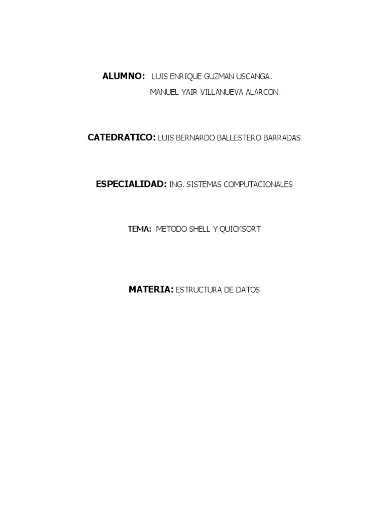 Metodo Shell y Quicksort | Descargar gratis PDF | Estructura de datos ...