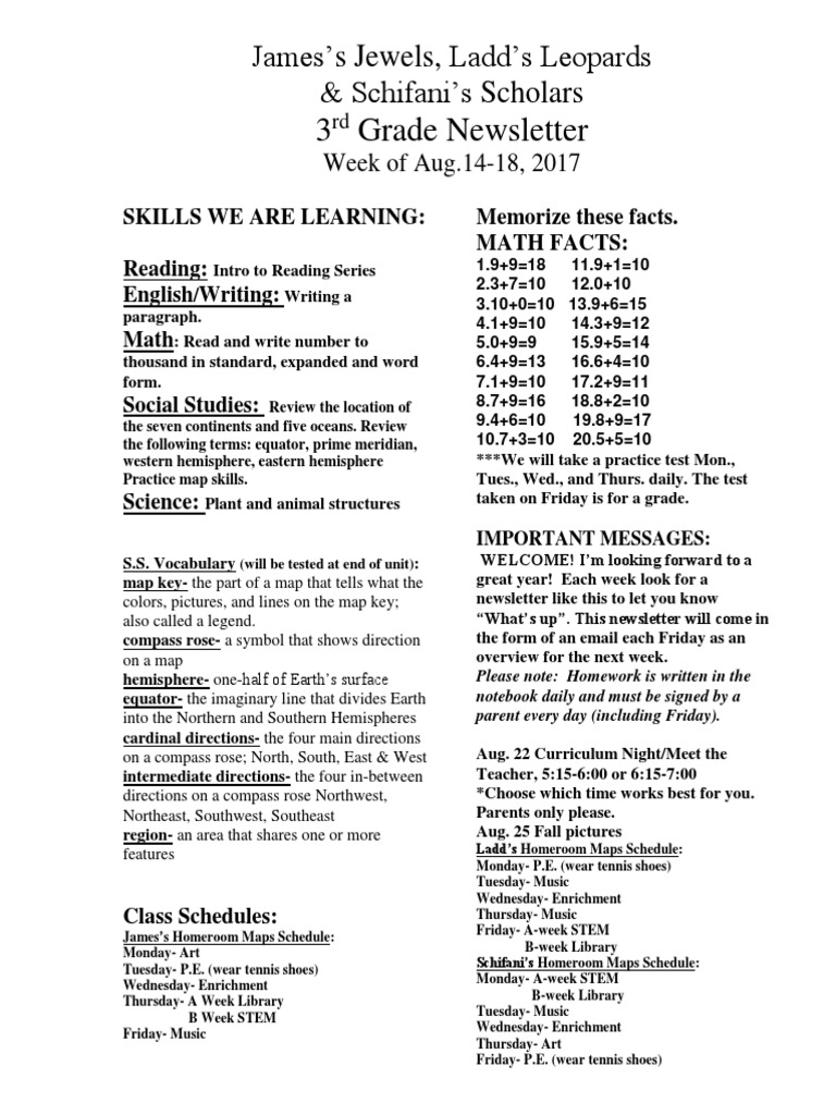 3rd Grade Newsletter: Aug 14-18, 2017 | PDF | Map | Geography