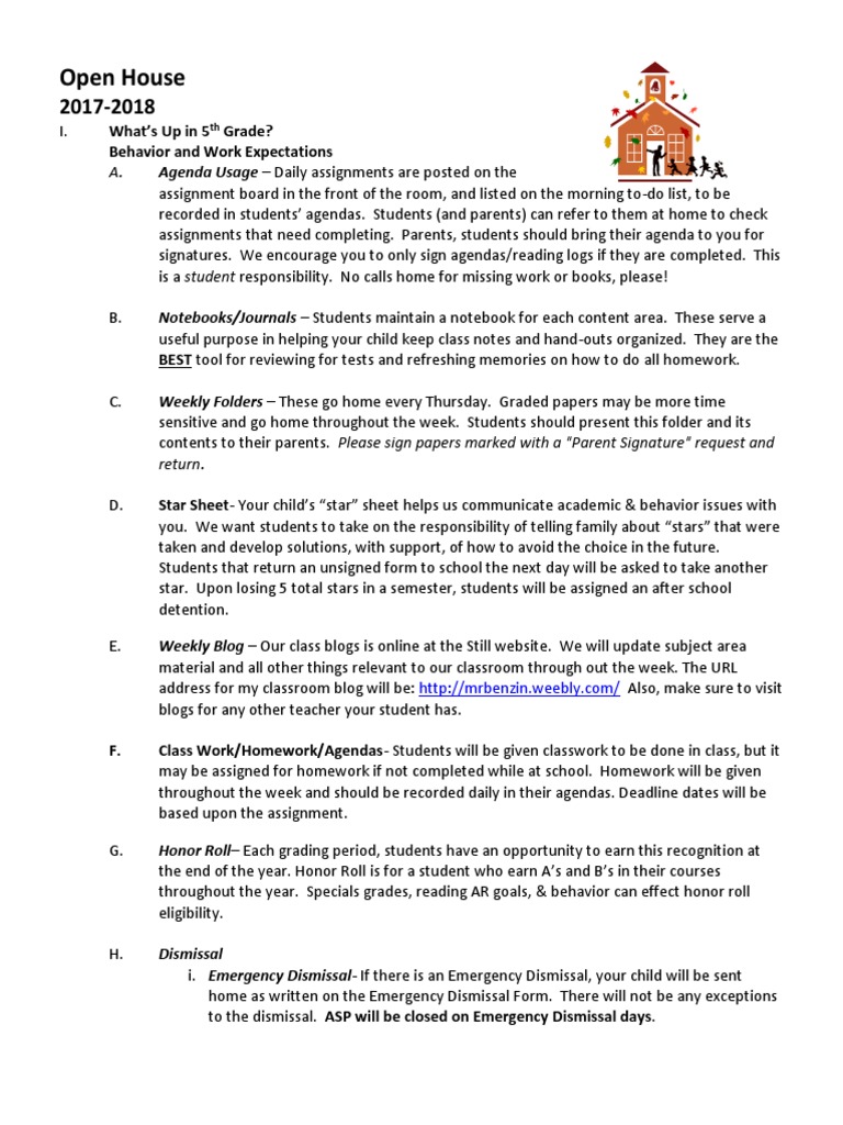 Open House Agenda 20172018 Homework Teachers