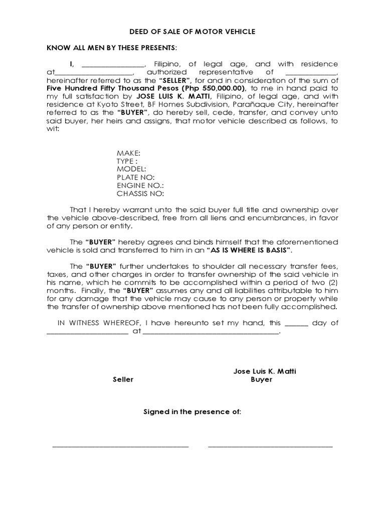 Car Deed of Sale Template | PDF | Deed | Property Law