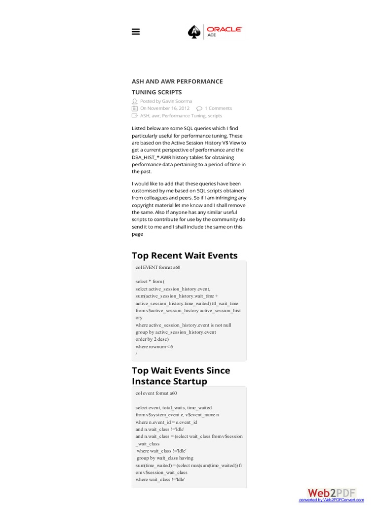Gavinsoorma Com Ash and Awr Performance Tuning Scripts | PDF ...