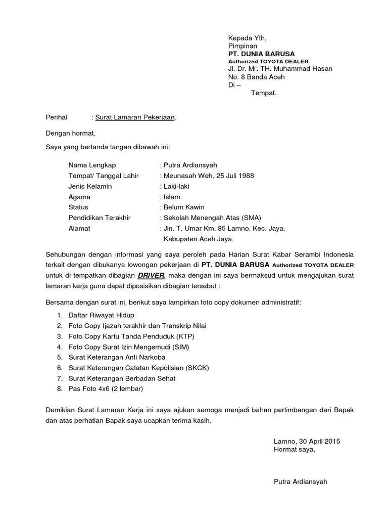 Contoh Surat Lamaran Kerja Di Delaer Tulis Tangan / Contoh Surat Lamaran Kerja Di Toyota Toyota Surat Ilmu Sosial : Contoh surat lamaran kerja di pt sebagai karyawan.