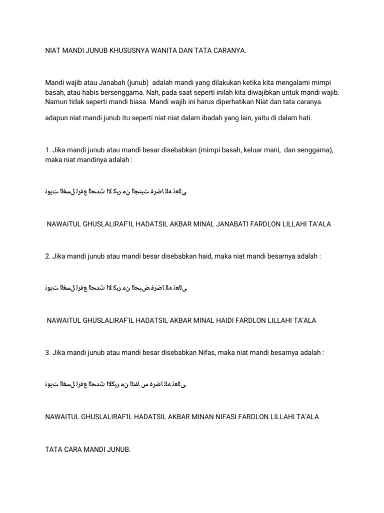 Doa Mandi Wajib Haid Dan Keluar Mani